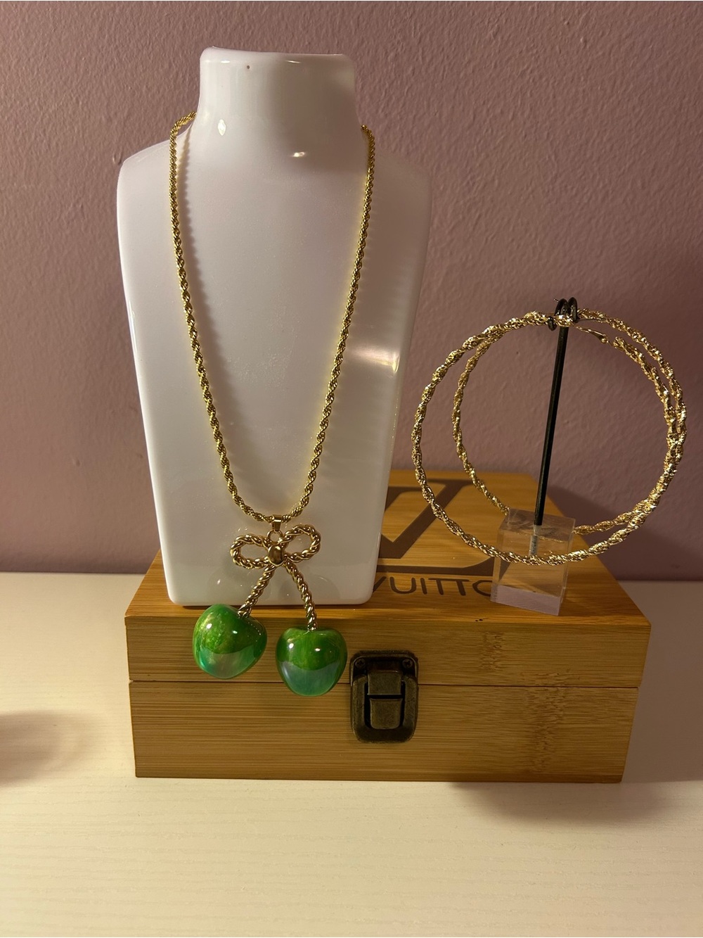 Gold-Tone Necklace with Green Cherry Pendant and Gold Hoop Earrings